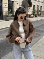 Women's Oversized Bouclé Jacket with Collar and Zip Front