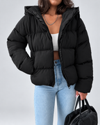 Women's Oversized Boxy Puffer Jacket with Hood and Zip Front