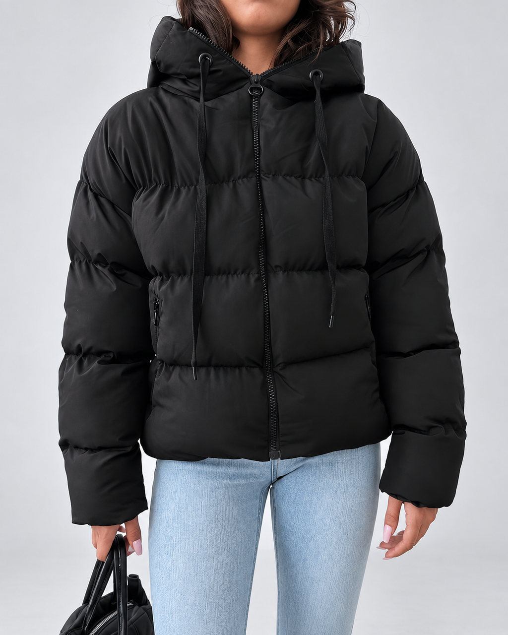 Women's Oversized Boxy Puffer Jacket with Hood and Zip Front