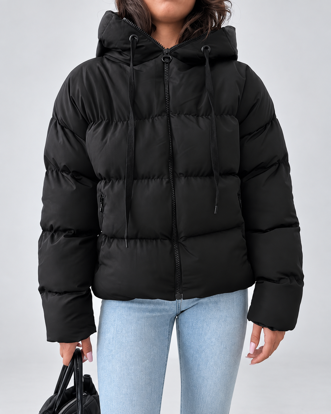 Women's Oversized Boxy Puffer Jacket with Hood and Zip Front