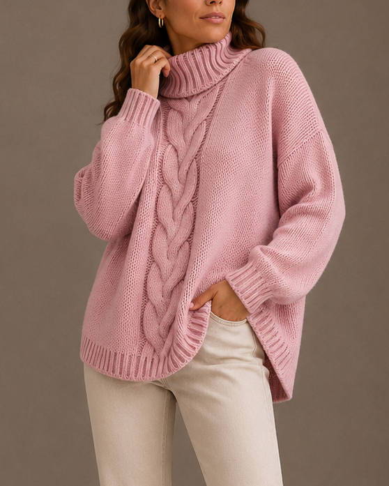 Women's Oversized Cable Knit Jumper with Roll Neck