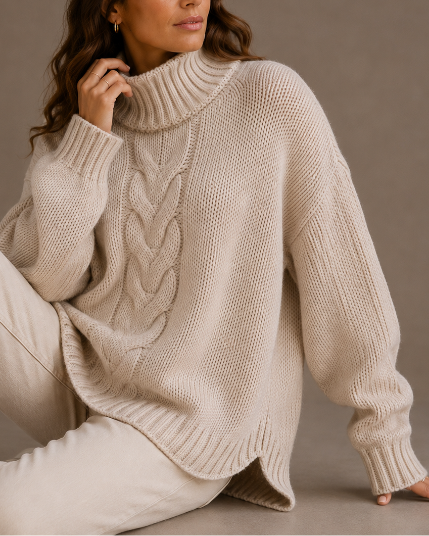 Women's Oversized Cable Knit Jumper with Roll Neck
