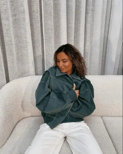 Women's Oversized Faux Leather Jacket | Contrast Stitch Collared Zip Up