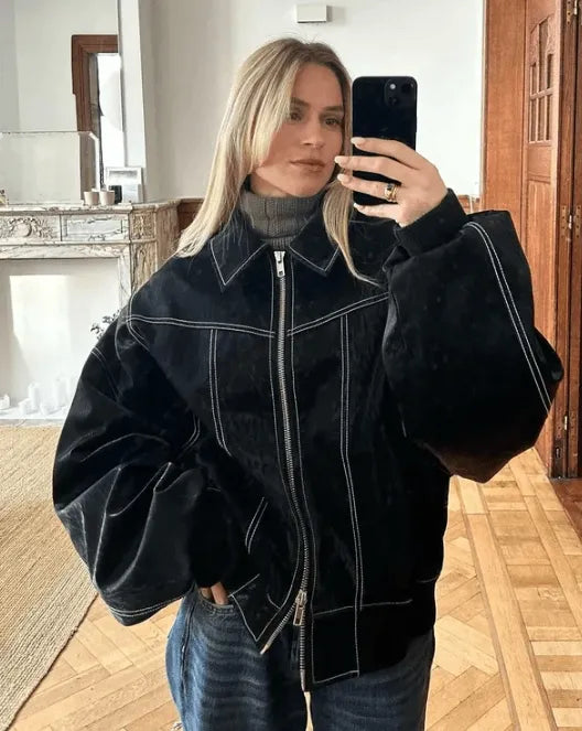 Women's Oversized Faux Leather Jacket | Contrast Stitch Collared Zip Up