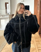 Women's Oversized Faux Leather Jacket | Contrast Stitch Collared Zip Up