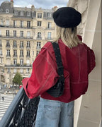 Women's Oversized Faux Leather Jacket | Contrast Stitch Collared Zip Up