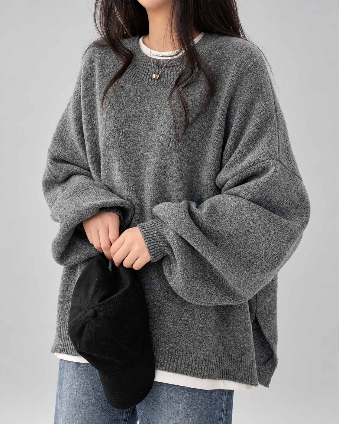 Women's Oversized Crew Neck Jumper with Drop Shoulders and Split Hem