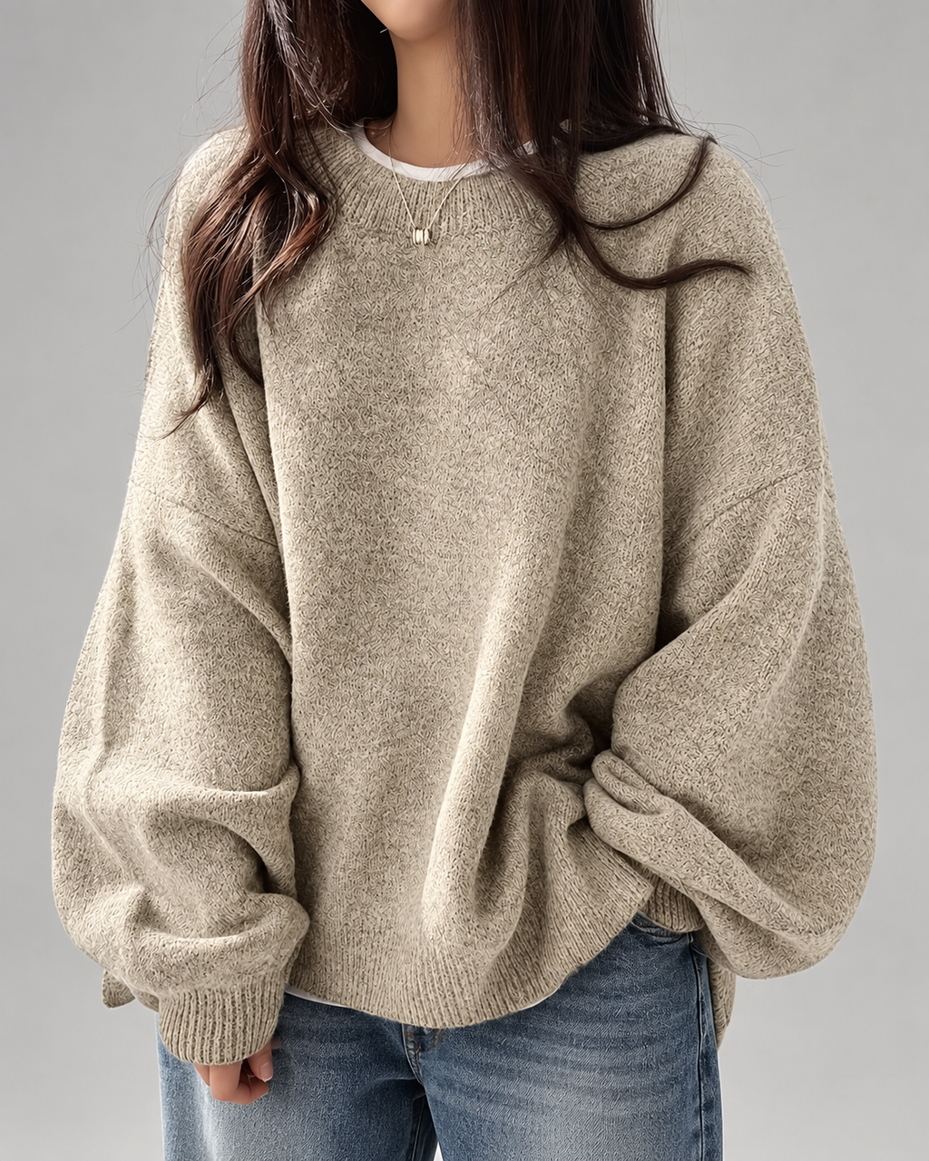 Women's Oversized Crew Neck Jumper with Drop Shoulders and Split Hem