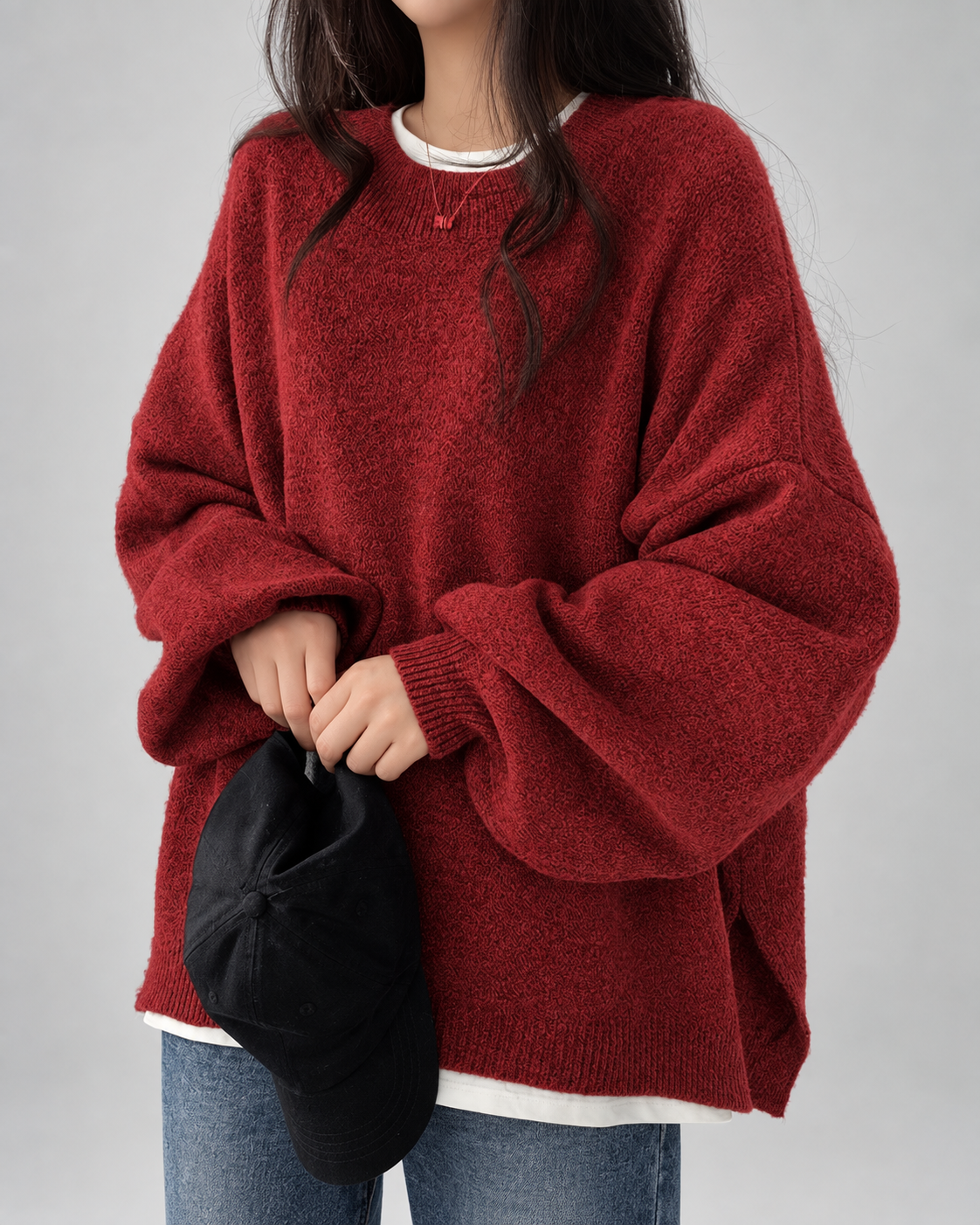 Women's Oversized Crew Neck Jumper with Drop Shoulders and Split Hem