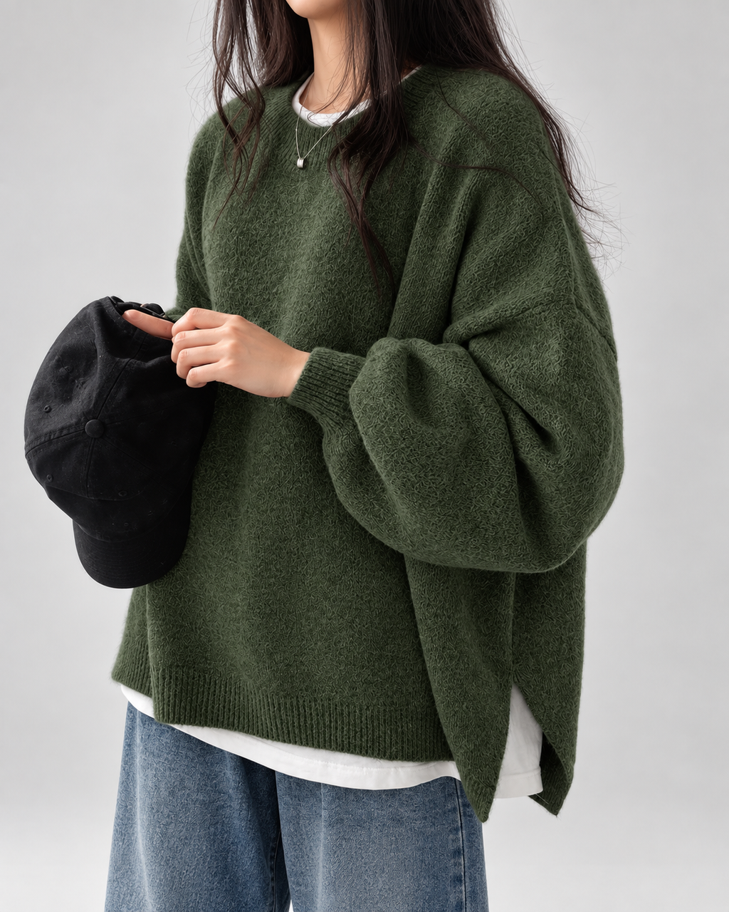 Women's Oversized Crew Neck Jumper with Drop Shoulders and Split Hem