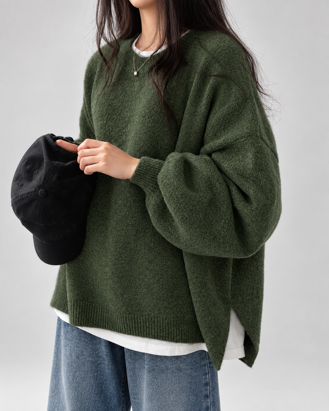 Women's Oversized Crew Neck Jumper with Drop Shoulders and Split Hem