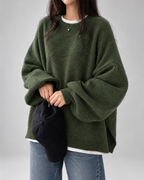 Women's Oversized Crew Neck Jumper with Drop Shoulders and Split Hem