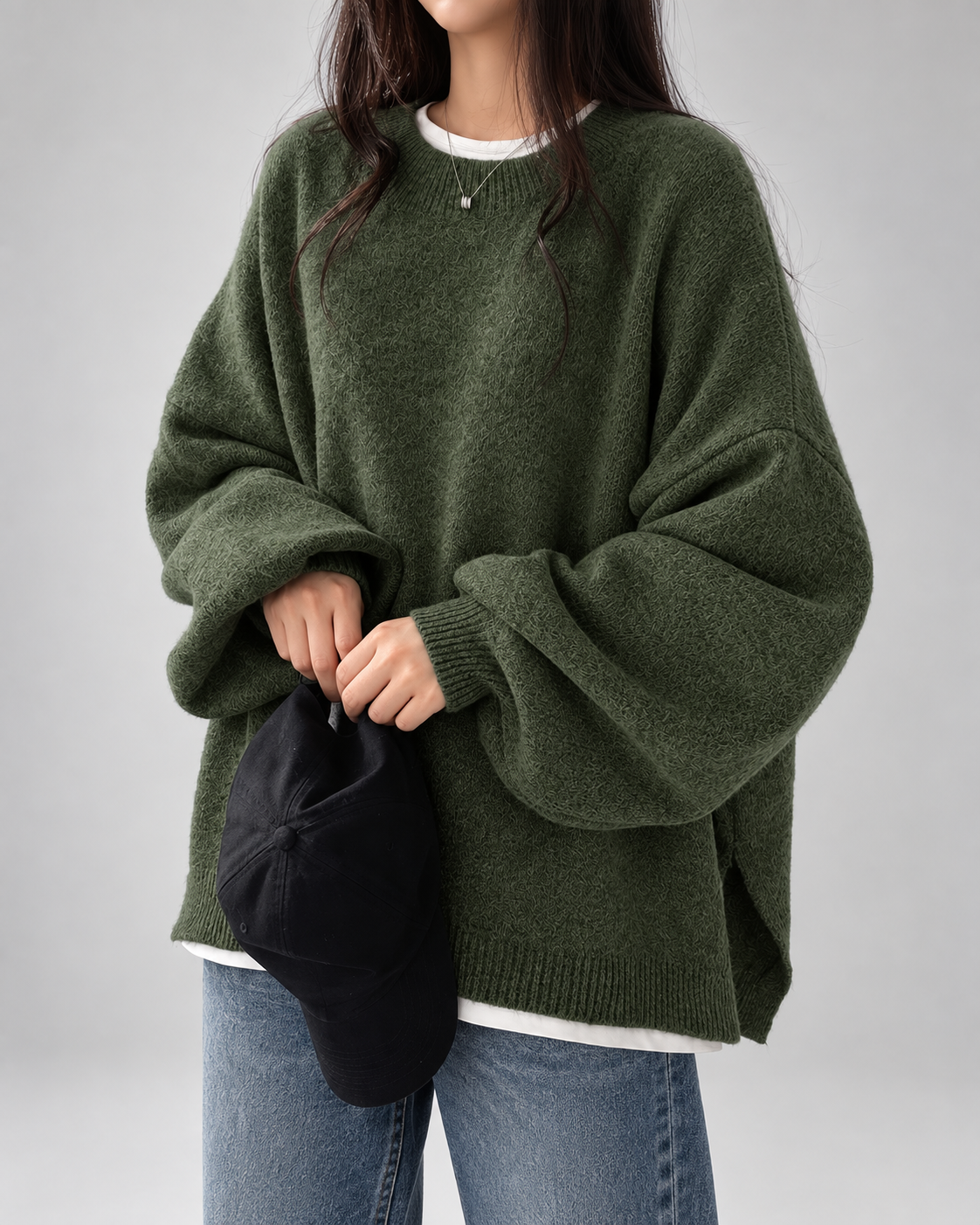 Women's Oversized Crew Neck Jumper with Drop Shoulders and Split Hem