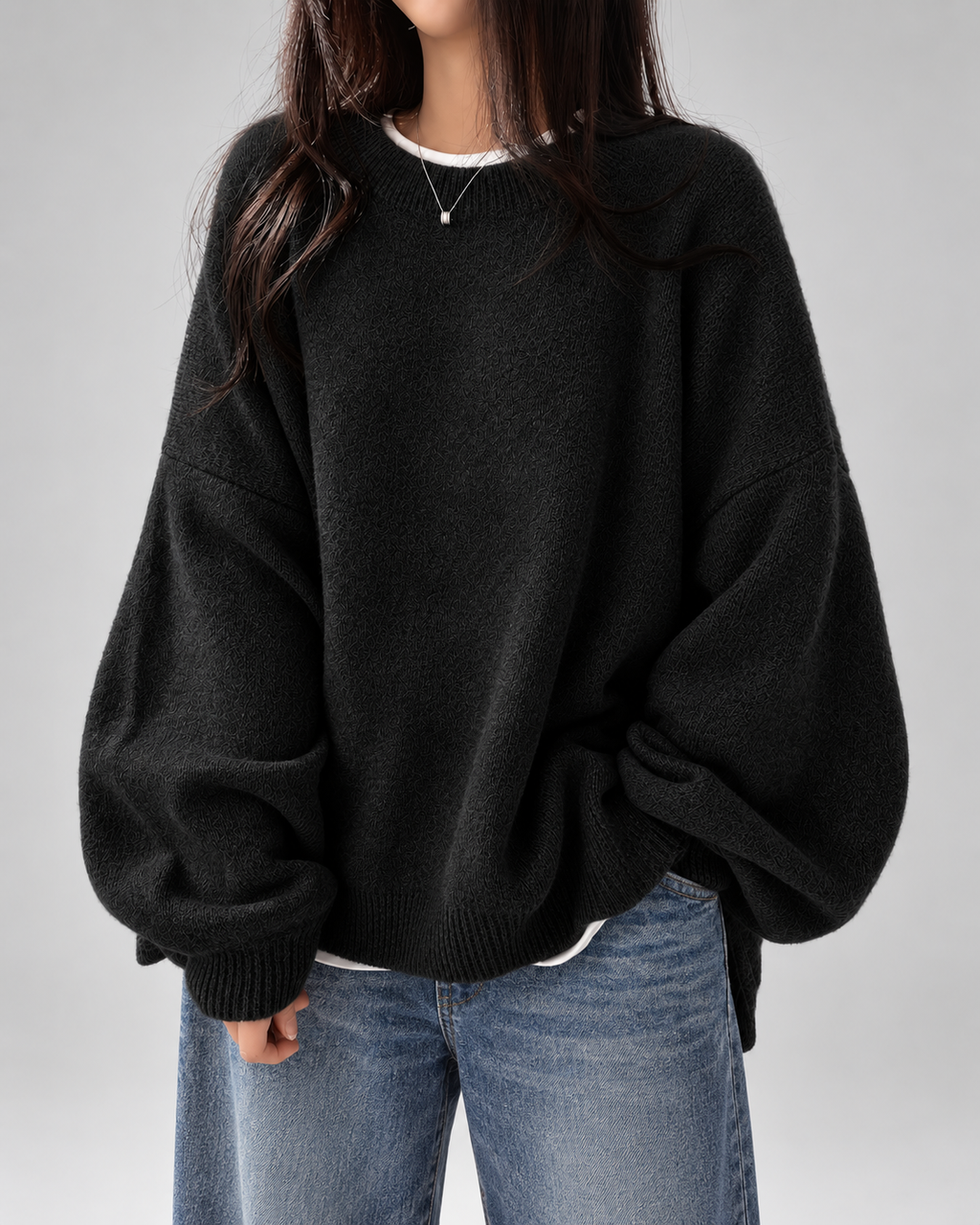 Women's Oversized Crew Neck Jumper with Drop Shoulders and Split Hem