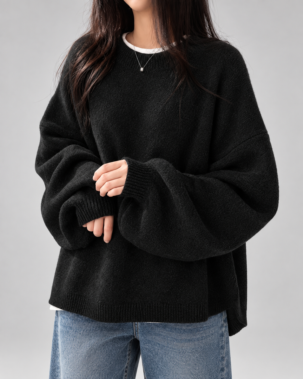 Women's Oversized Crew Neck Jumper with Drop Shoulders and Split Hem