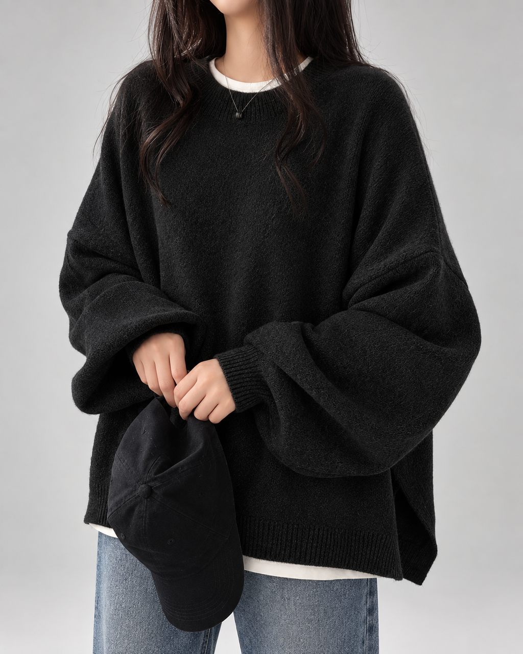 Women's Oversized Crew Neck Jumper with Drop Shoulders and Split Hem
