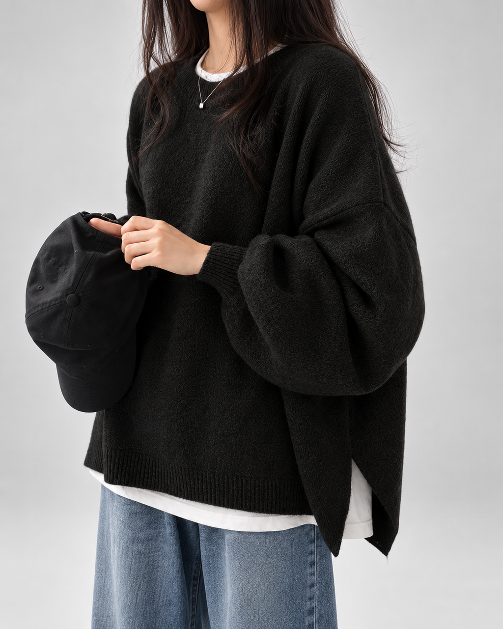 Women's Oversized Crew Neck Jumper with Drop Shoulders and Split Hem