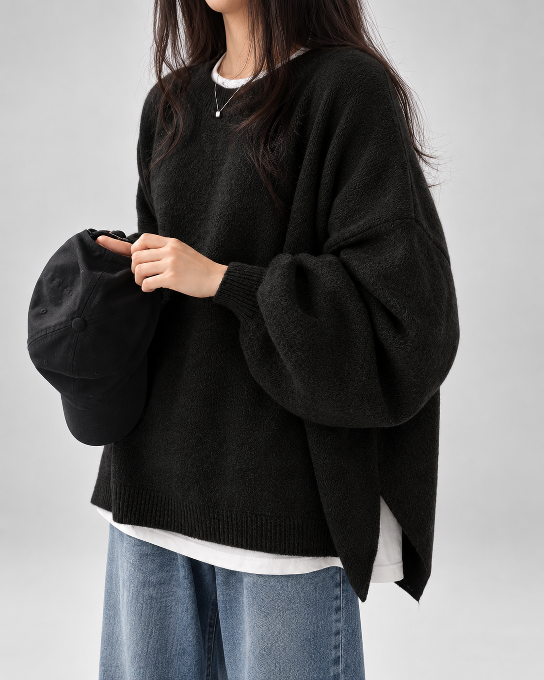 Women's Oversized Crew Neck Jumper with Drop Shoulders and Split Hem