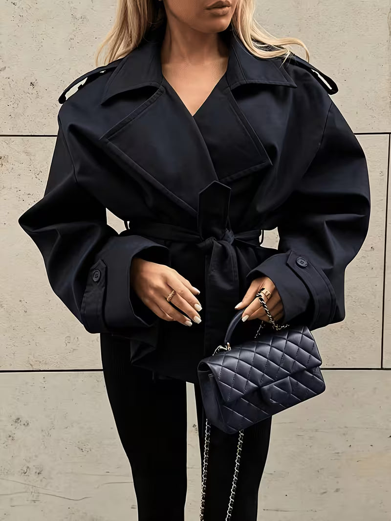 Women's Oversized Cropped Trench Jacket with Tie Waist