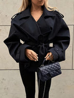 Women's Oversized Cropped Trench Jacket with Tie Waist