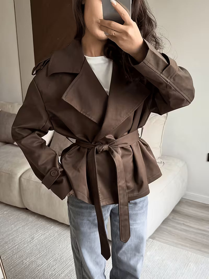 Women's Oversized Cropped Trench Jacket with Tie Waist