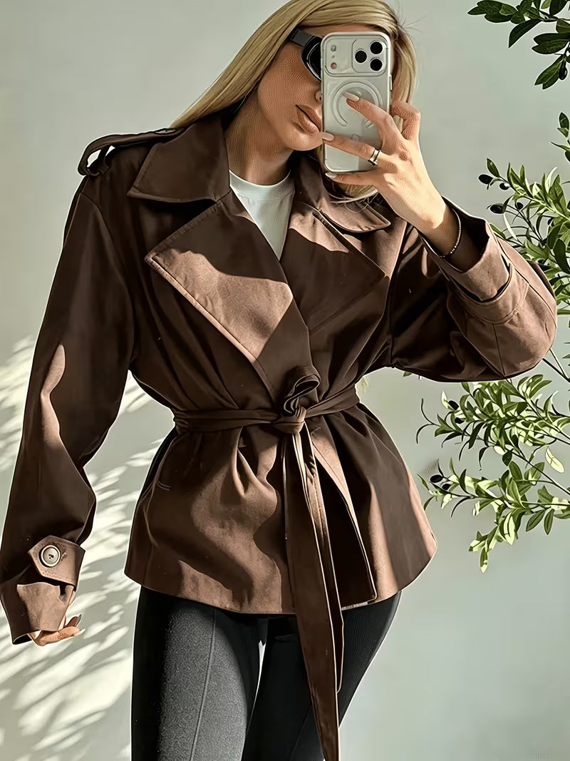Women's Oversized Cropped Trench Jacket with Tie Waist
