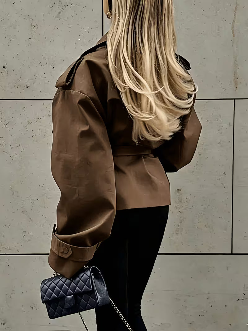 Women's Oversized Cropped Trench Jacket with Tie Waist
