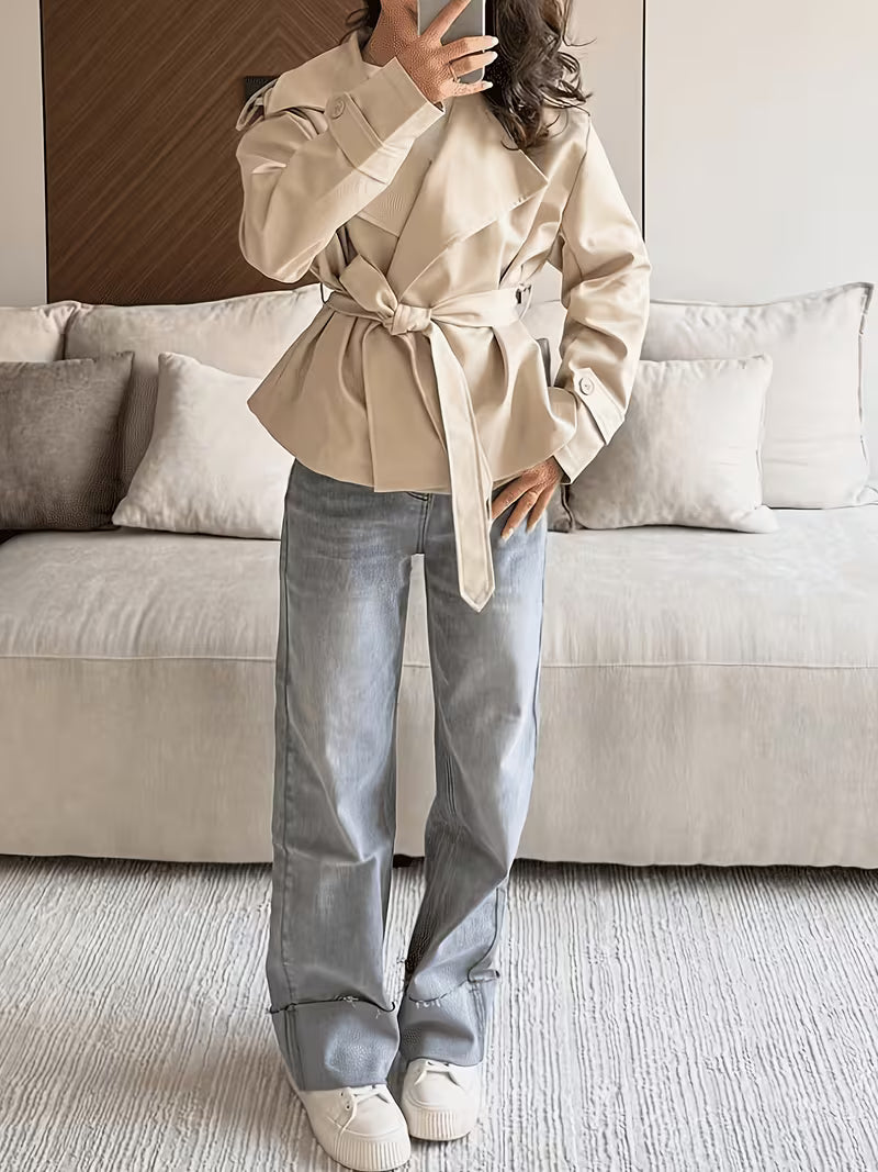Women's Oversized Cropped Trench Jacket with Tie Waist