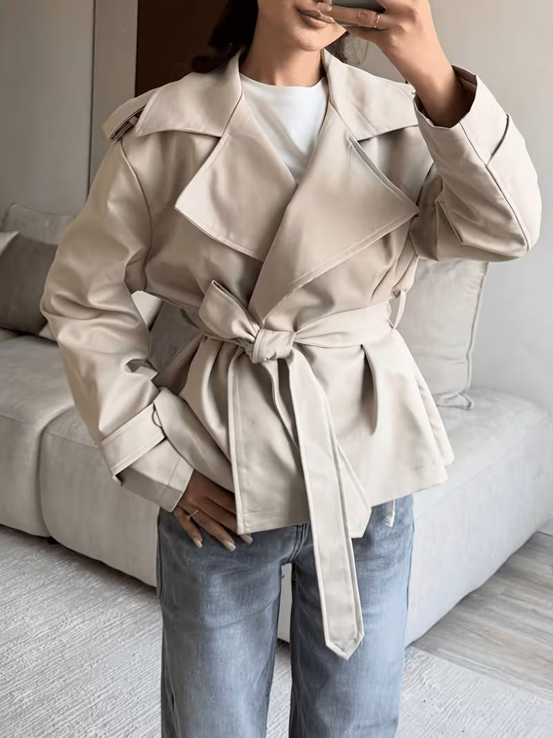 Women's Oversized Cropped Trench Jacket with Tie Waist