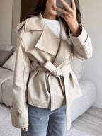 Women's Oversized Cropped Trench Jacket with Tie Waist