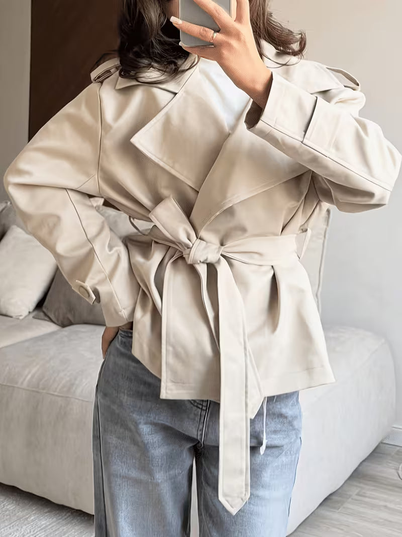 Women's Oversized Cropped Trench Jacket with Tie Waist