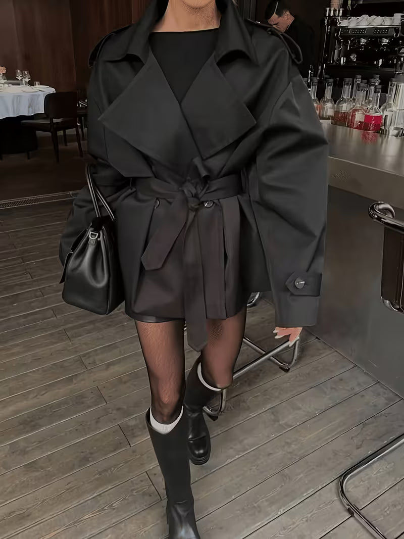 Women's Oversized Cropped Trench Jacket with Tie Waist