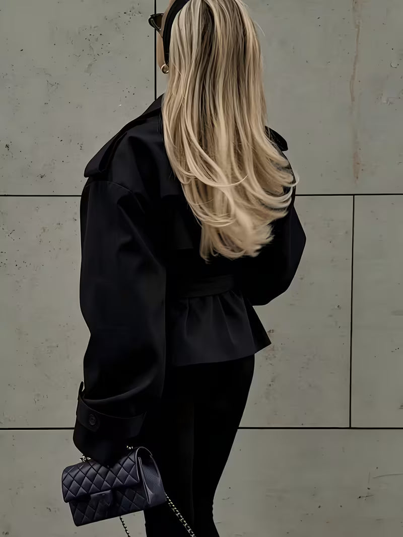 Women's Oversized Cropped Trench Jacket with Tie Waist