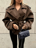Women's Oversized Cropped Trench Jacket with Tie Waist