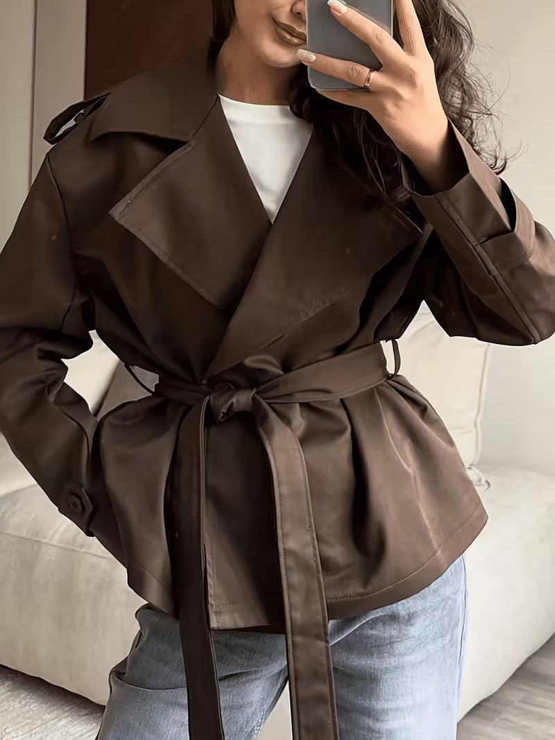Women's Oversized Cropped Trench Jacket with Tie Waist