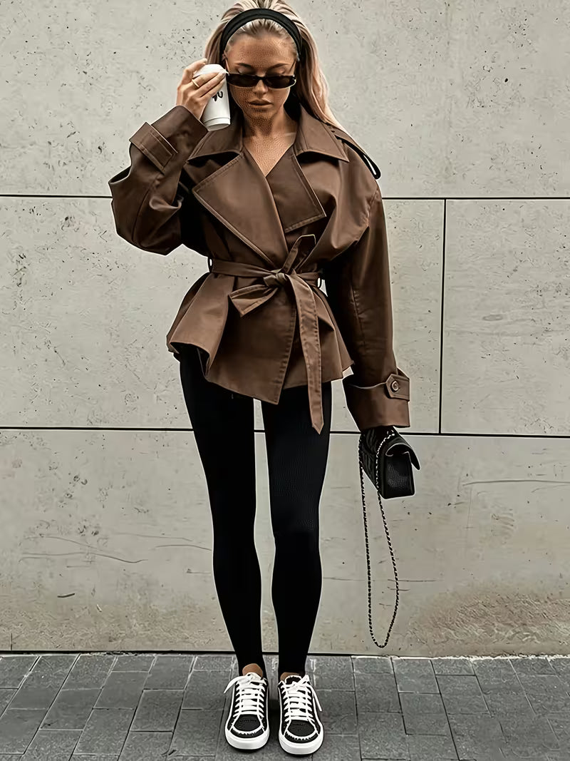 Women's Oversized Cropped Trench Jacket with Tie Waist