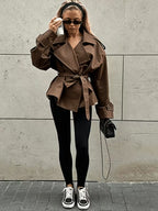 Women's Oversized Cropped Trench Jacket with Tie Waist