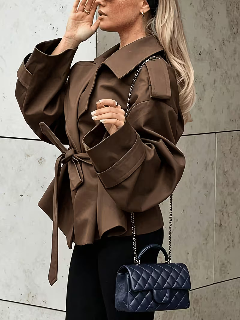 Women's Oversized Cropped Trench Jacket with Tie Waist