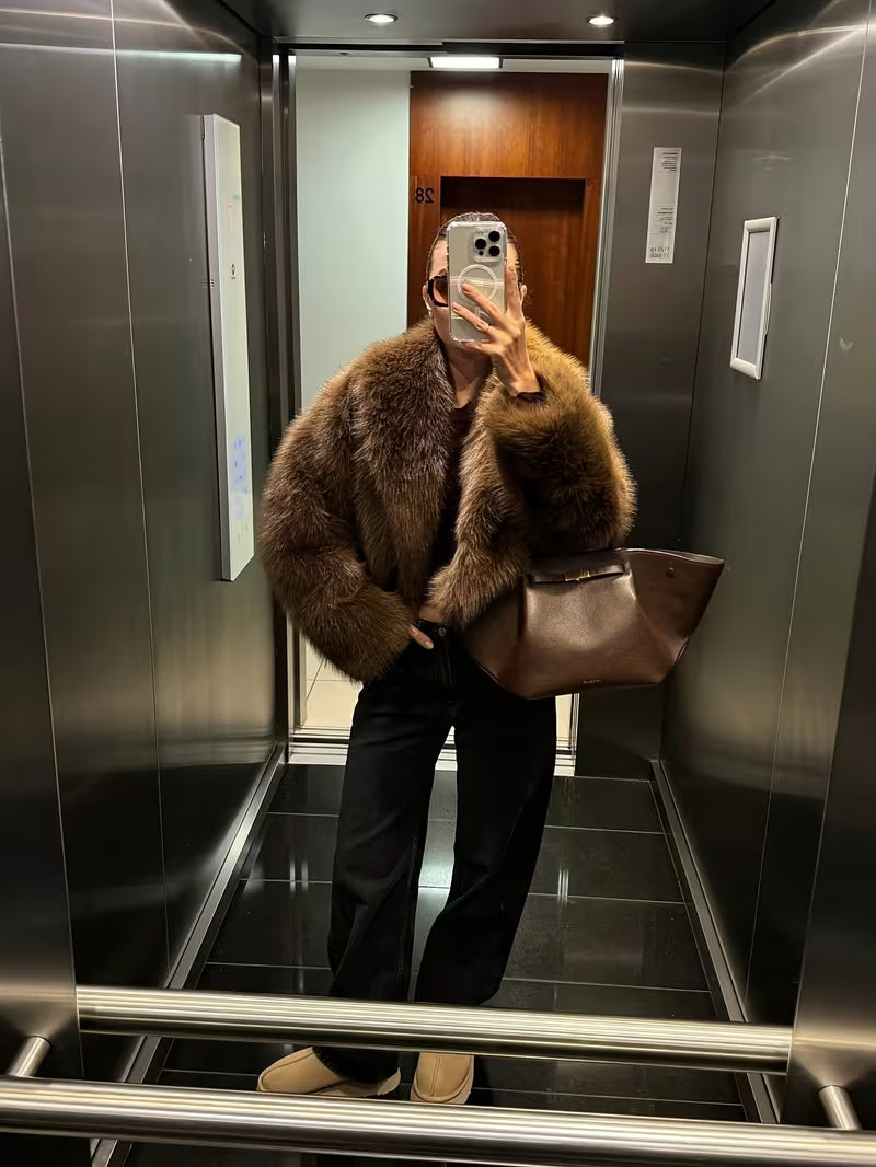 Women's Oversized Faux Fur Coat with Lapel Collar