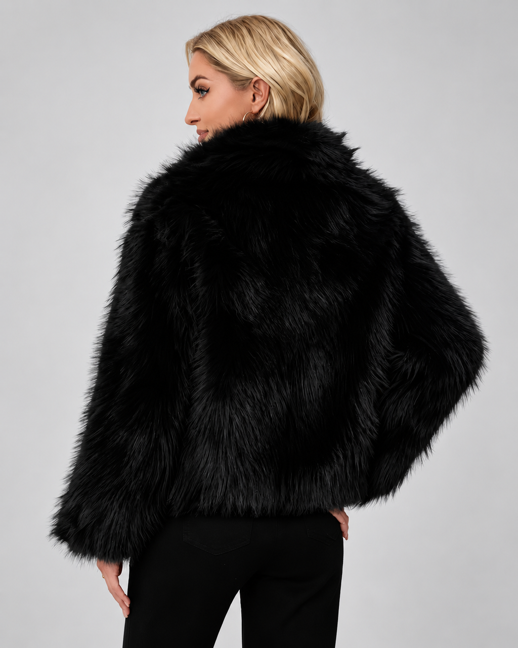 Women's Oversized Faux Fur Jacket with Shawl Collar and Open Front