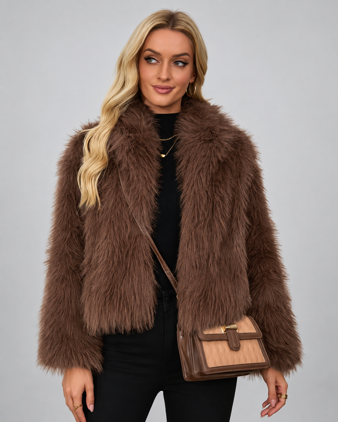 Women's Oversized Faux Fur Jacket with Shawl Collar and Open Front