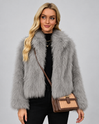 Women's Oversized Faux Fur Jacket with Shawl Collar and Open Front