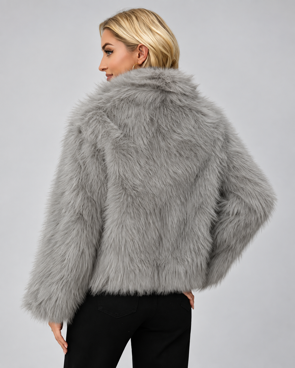 Women's Oversized Faux Fur Jacket with Shawl Collar and Open Front