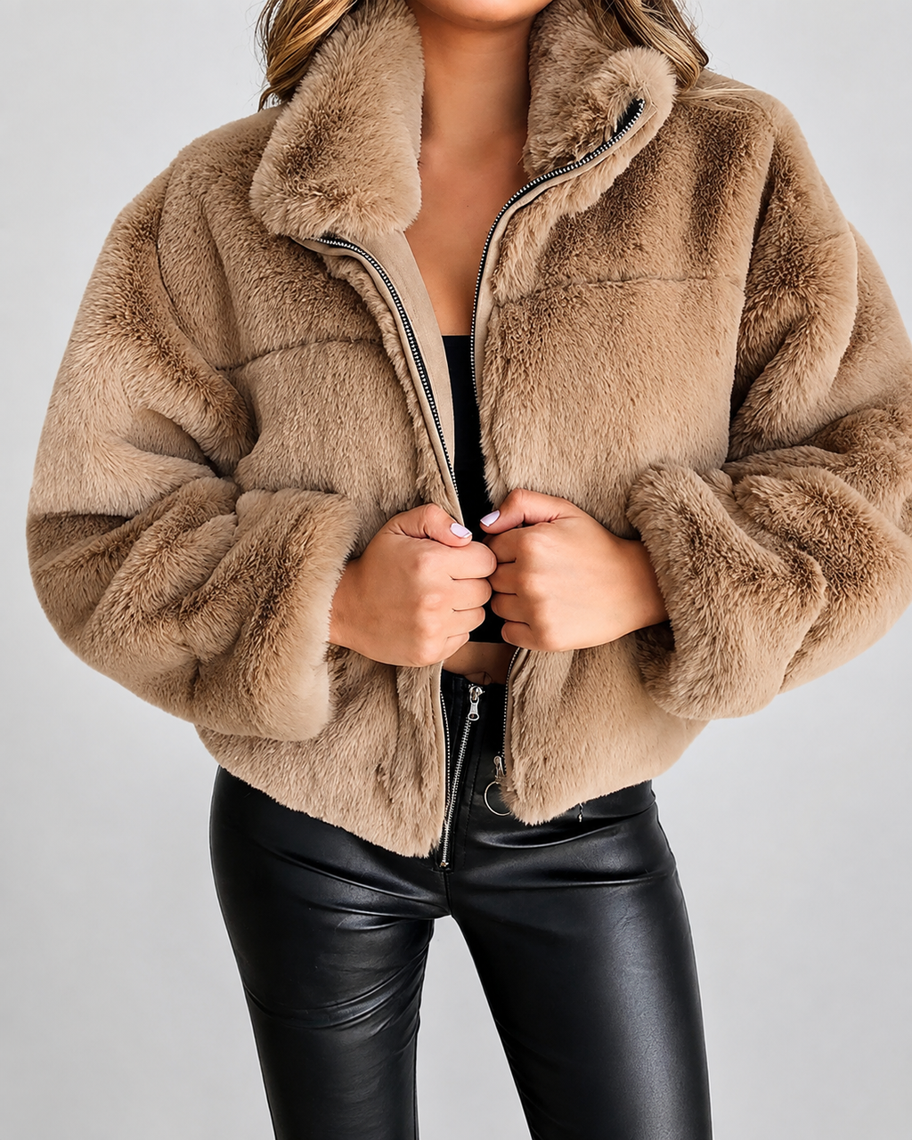 Women's Oversized Faux Fur Jacket with Stand Collar and Zip Front