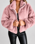 Women's Oversized Faux Fur Jacket with Stand Collar and Zip Front