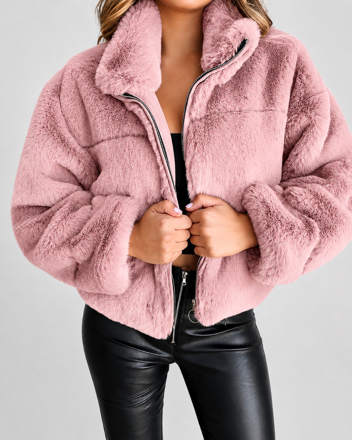 Women's Oversized Faux Fur Jacket with Stand Collar and Zip Front