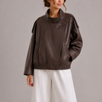 Women's Oversized Leather Style Jacket with High Collar and Asymmetric Front