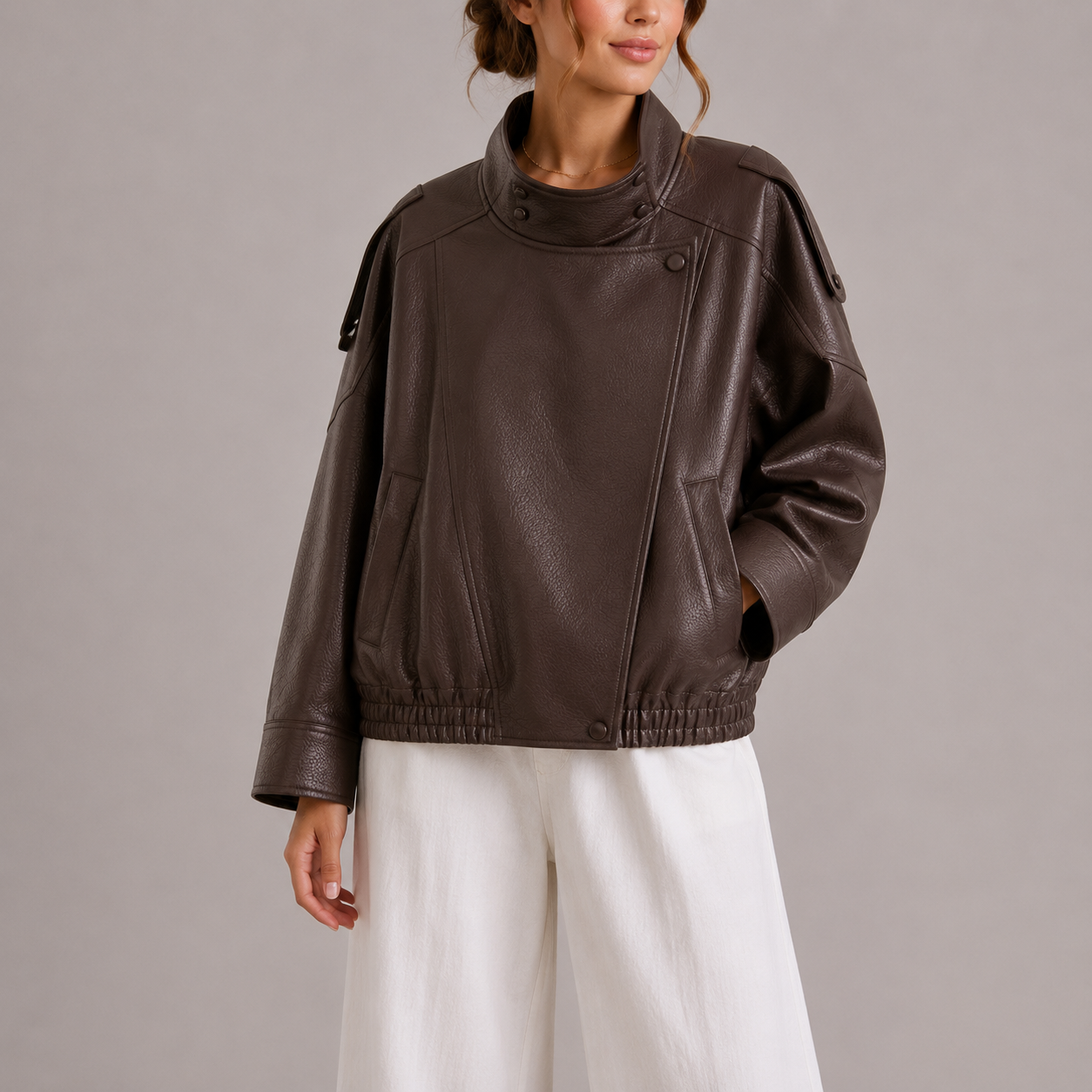 Women's Oversized Leather Style Jacket with High Collar and Asymmetric Front