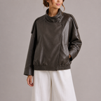Women's Oversized Leather Style Jacket with High Collar and Asymmetric Front