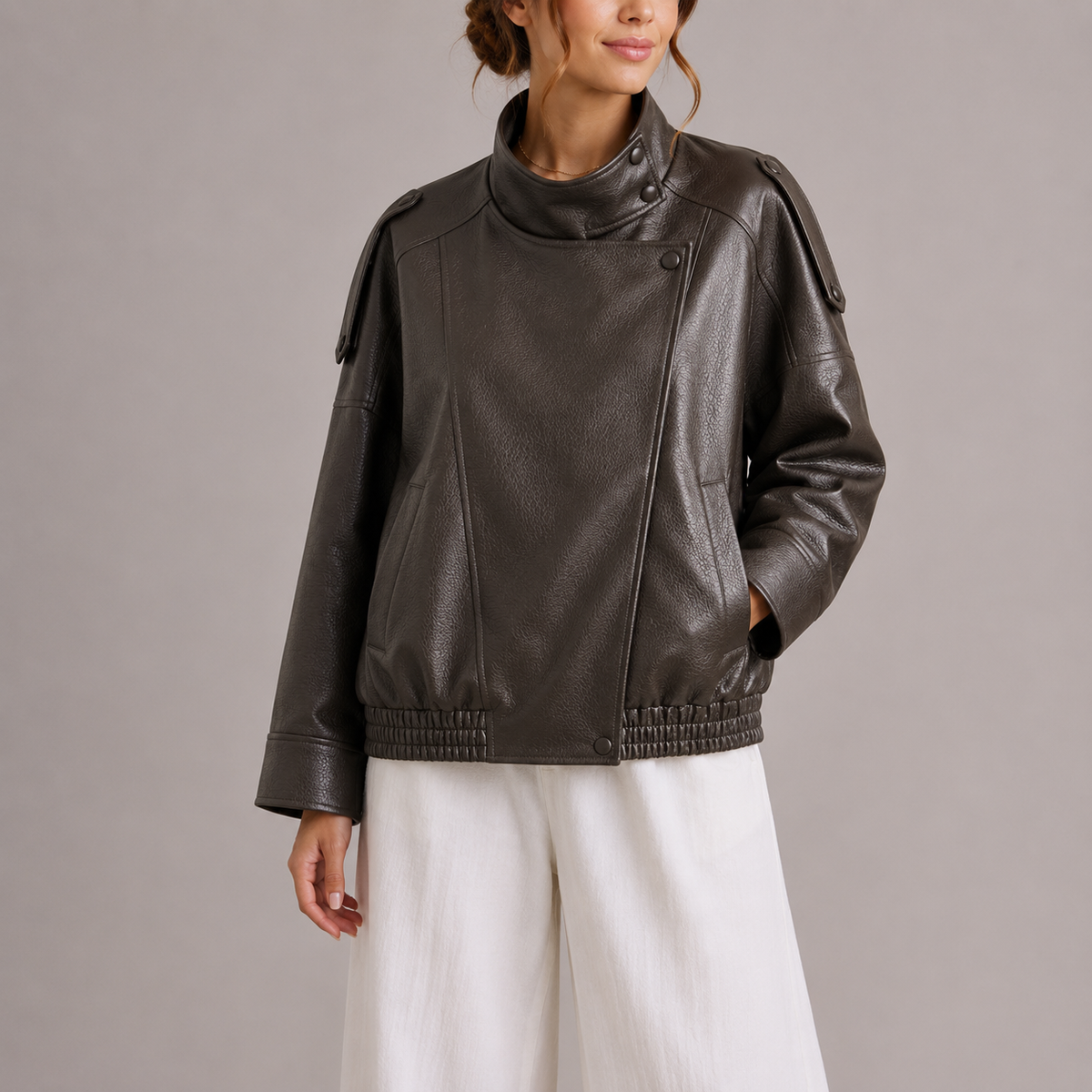 Women's Oversized Leather Style Jacket with High Collar and Asymmetric Front
